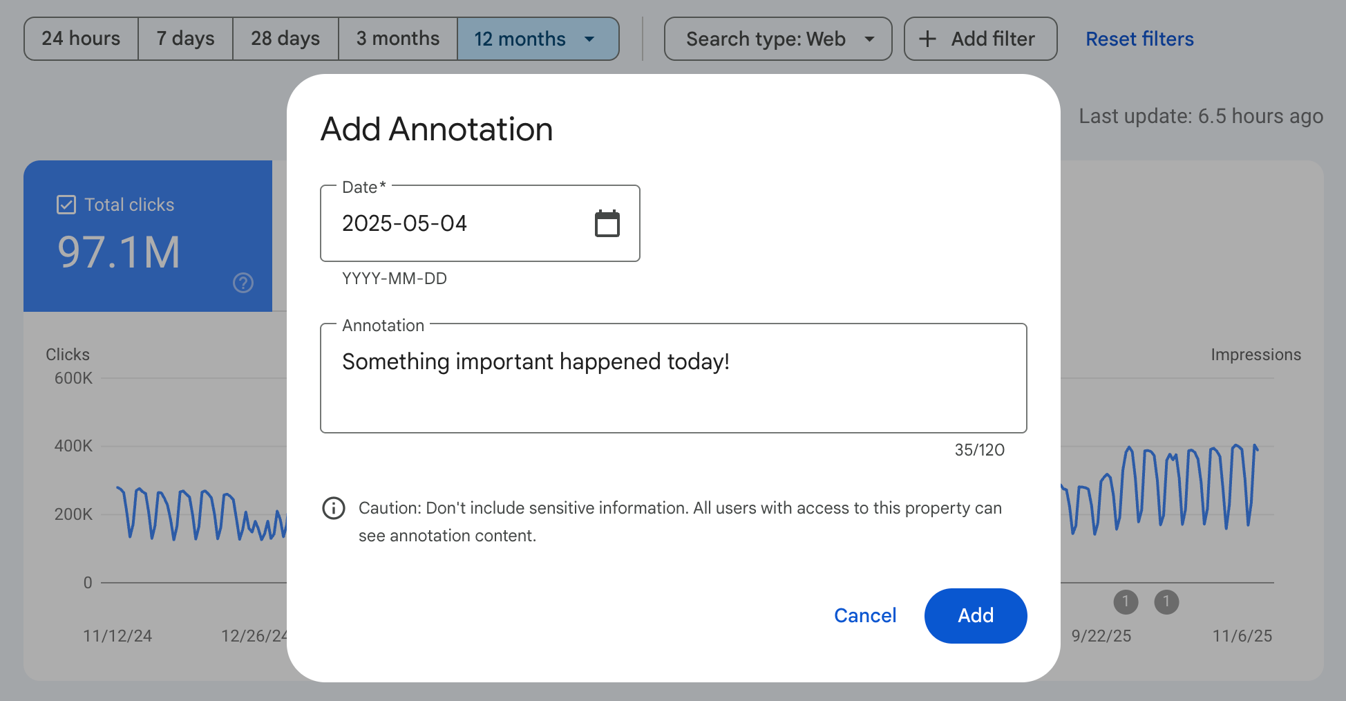 Google Search Console filtre évènement